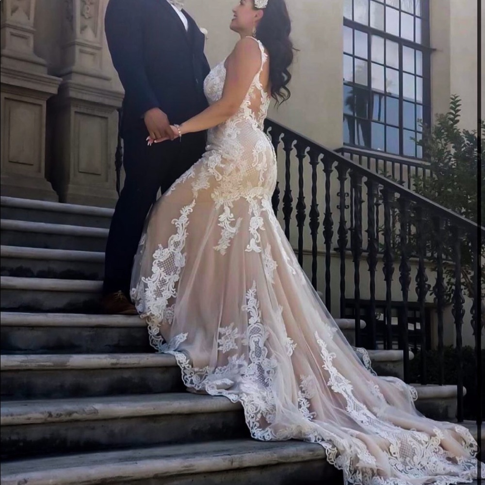 Maggie Sotero fit and flare ivory over nude